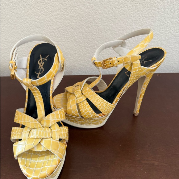AUTHENTIC YSL Tribute Platform Sandals 37 Yellow Croc Embossed $1,200 Retail 🔥 - Picture 3 of 15